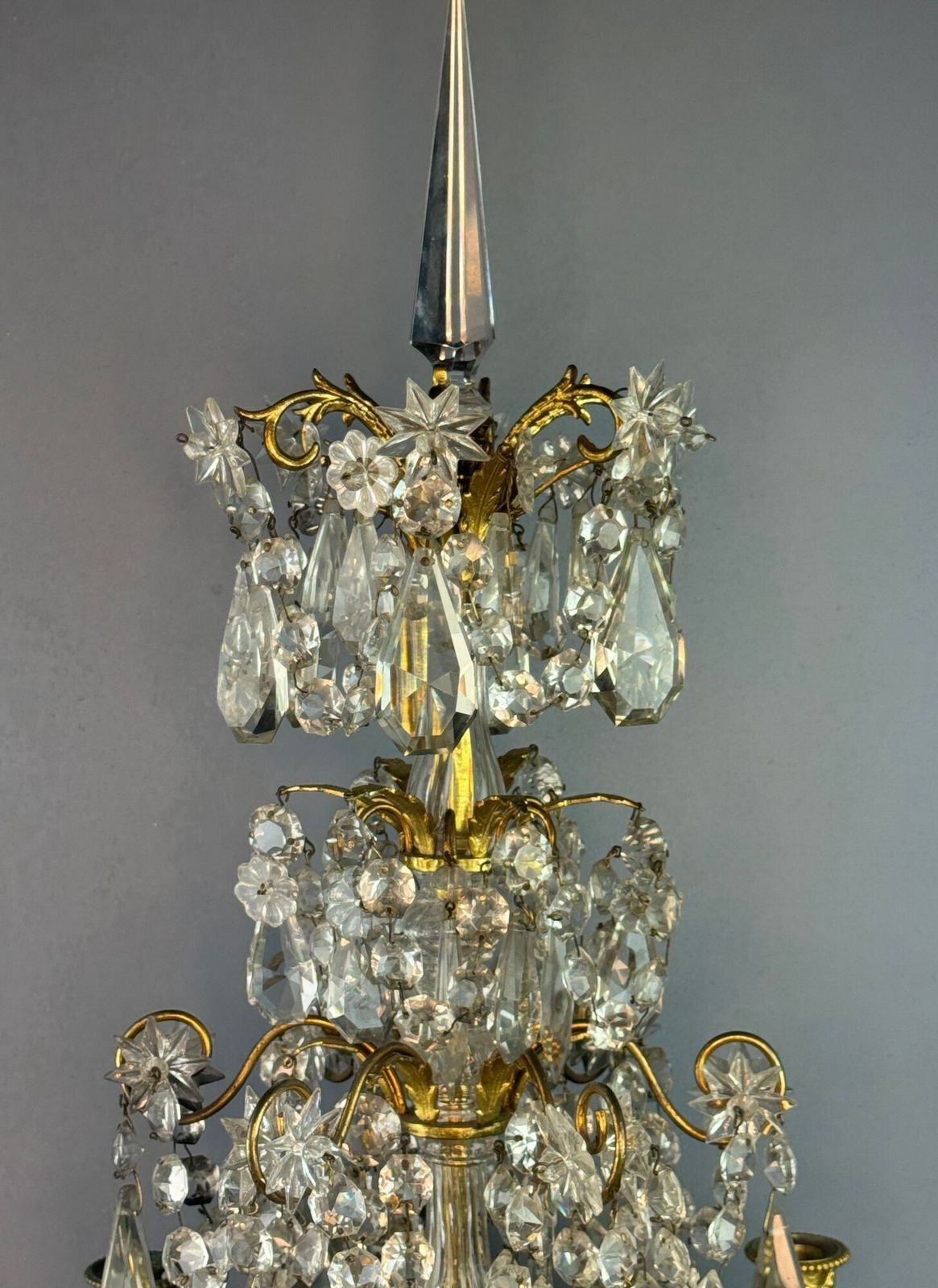 Large French Gilt Brass Table Lustre Candelabra Hung With Cut Glass Drops photo 795.0