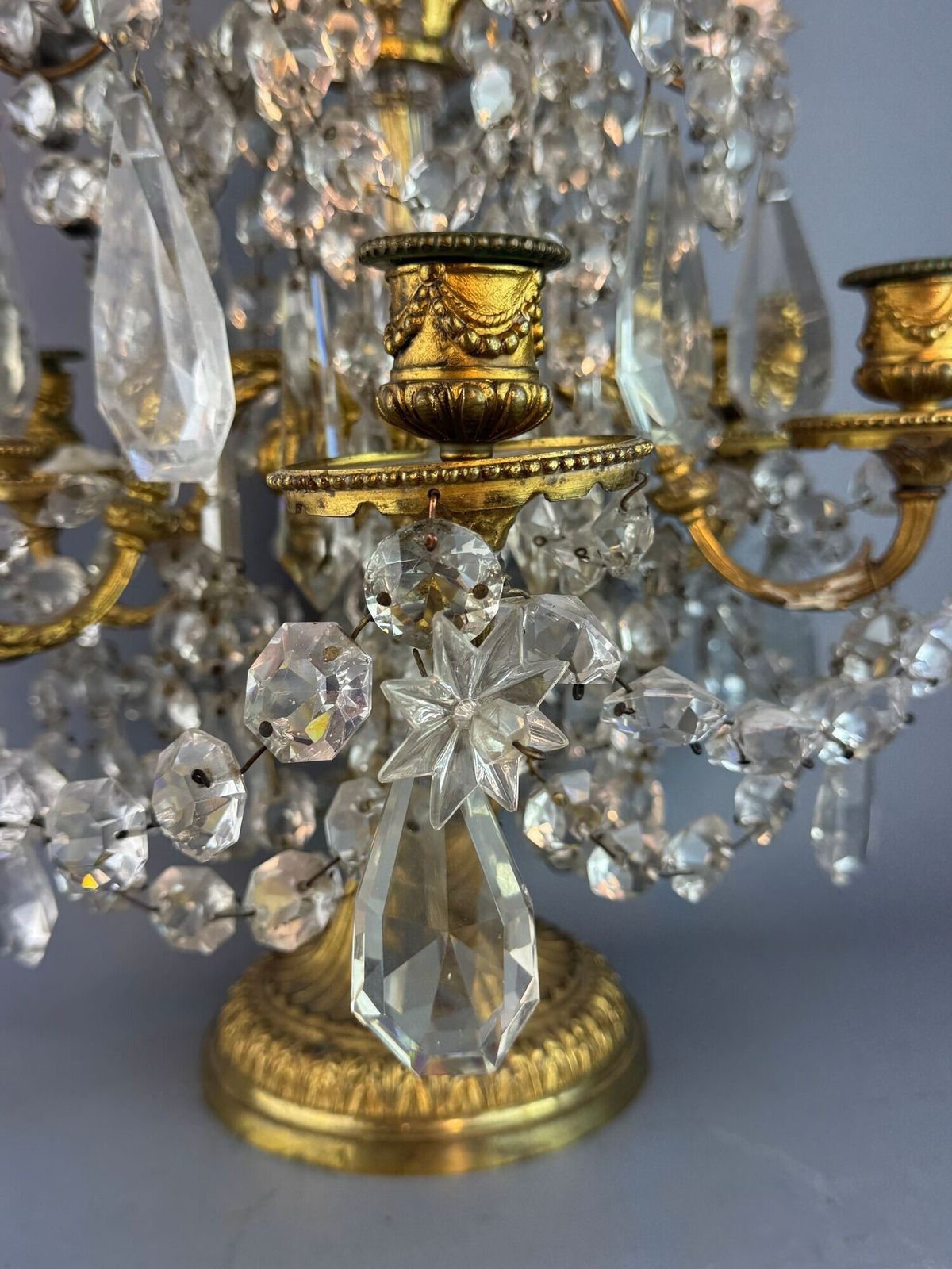 Large French Gilt Brass Table Lustre Candelabra Hung With Cut Glass Drops photo vinterior