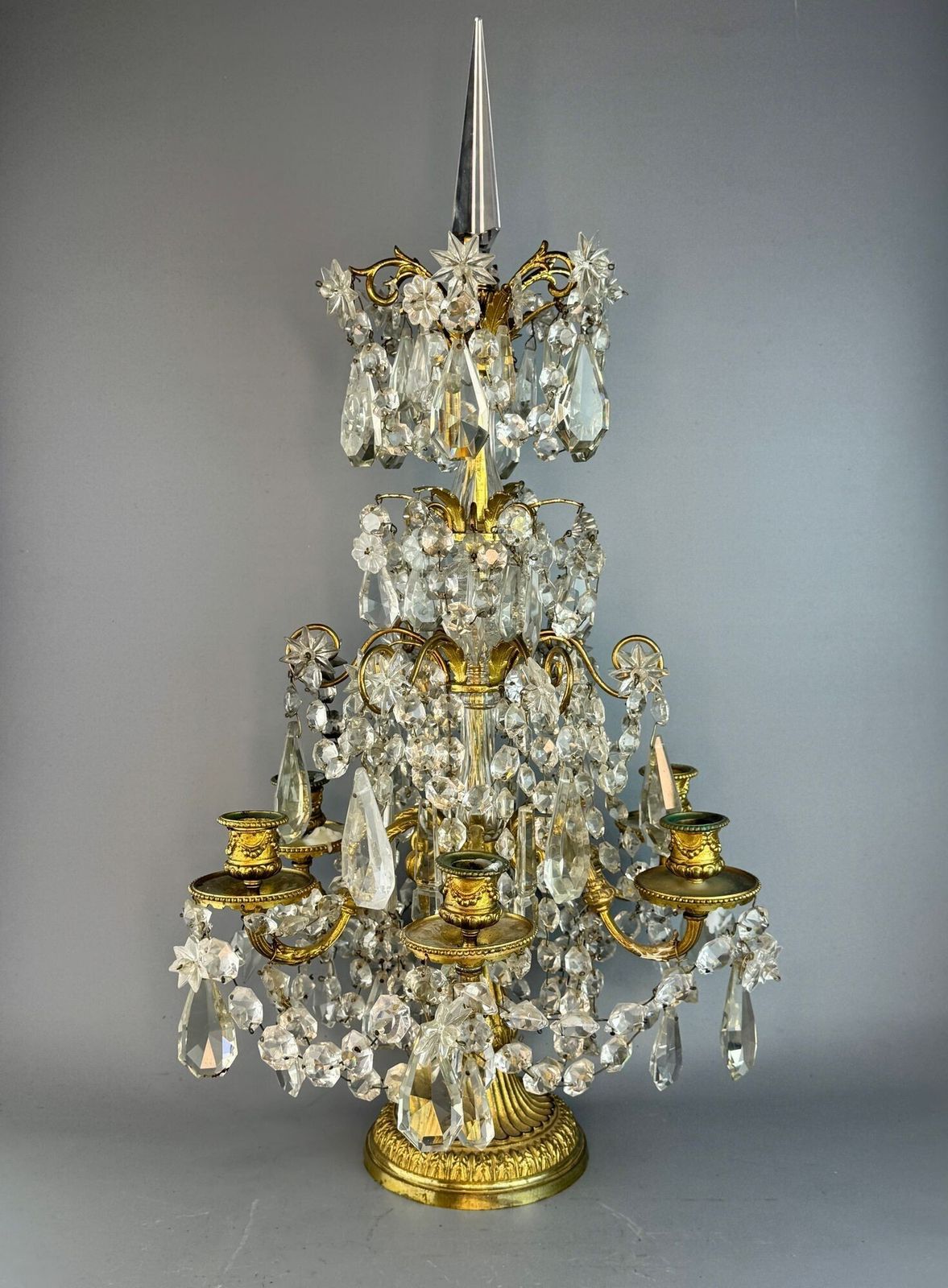Large French Gilt Brass Table Lustre Candelabra Hung With Cut Glass Drops photo buy