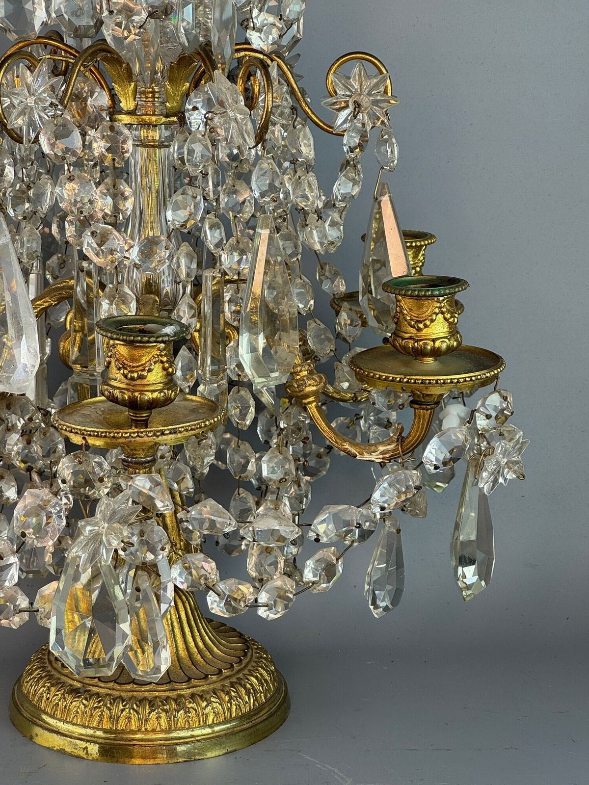 Large French Gilt Brass Table Lustre Candelabra Hung With Cut Glass Drops photo vintage