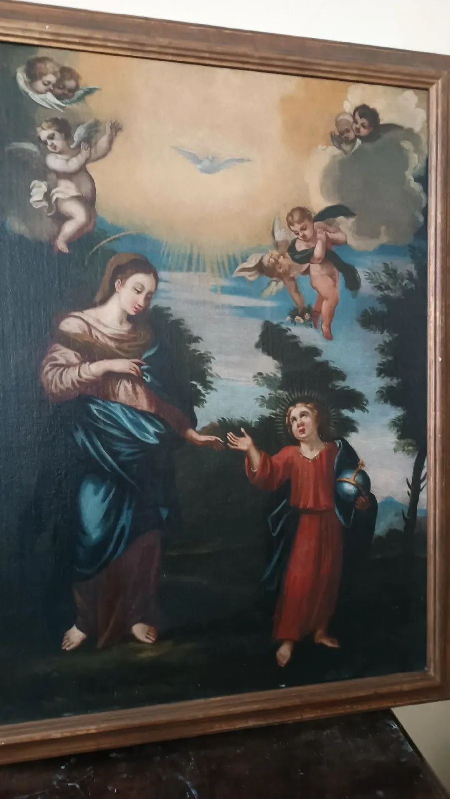 Antique Oil Painting On Canvas Madonna With Child And Angels 18th Century photo for sale