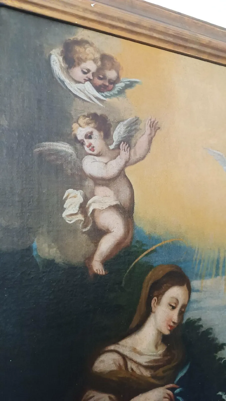 Antique Oil Painting On Canvas Madonna With Child And Angels 18th Century photo vinterior