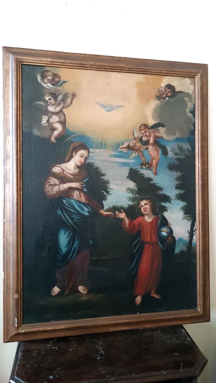Art Antique Oil Painting On Canvas Madonna With Child And Angels 18th Century photo