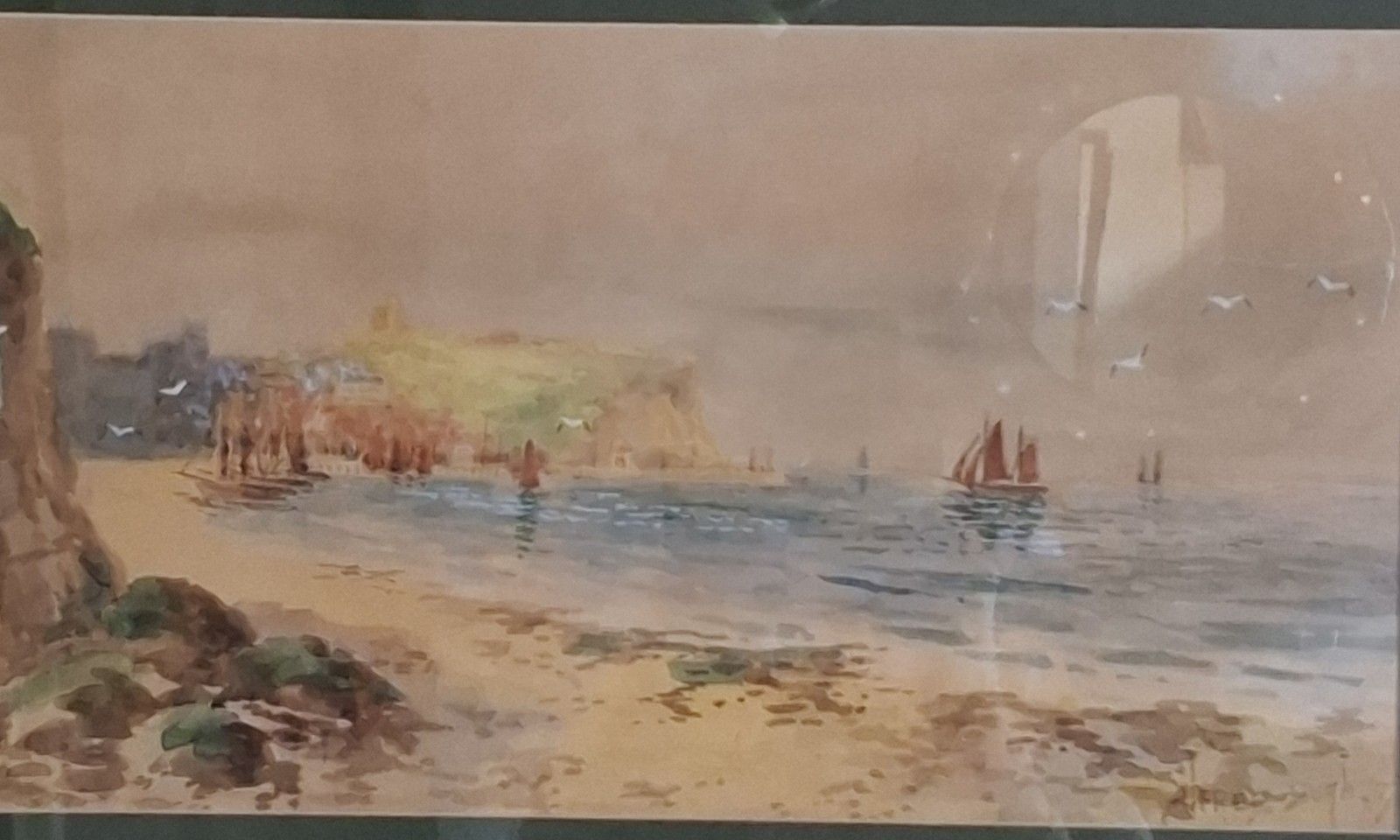Antique Original Watercolour South Whitby Abbey Alfred Durham Coastal Seascape photo for sale