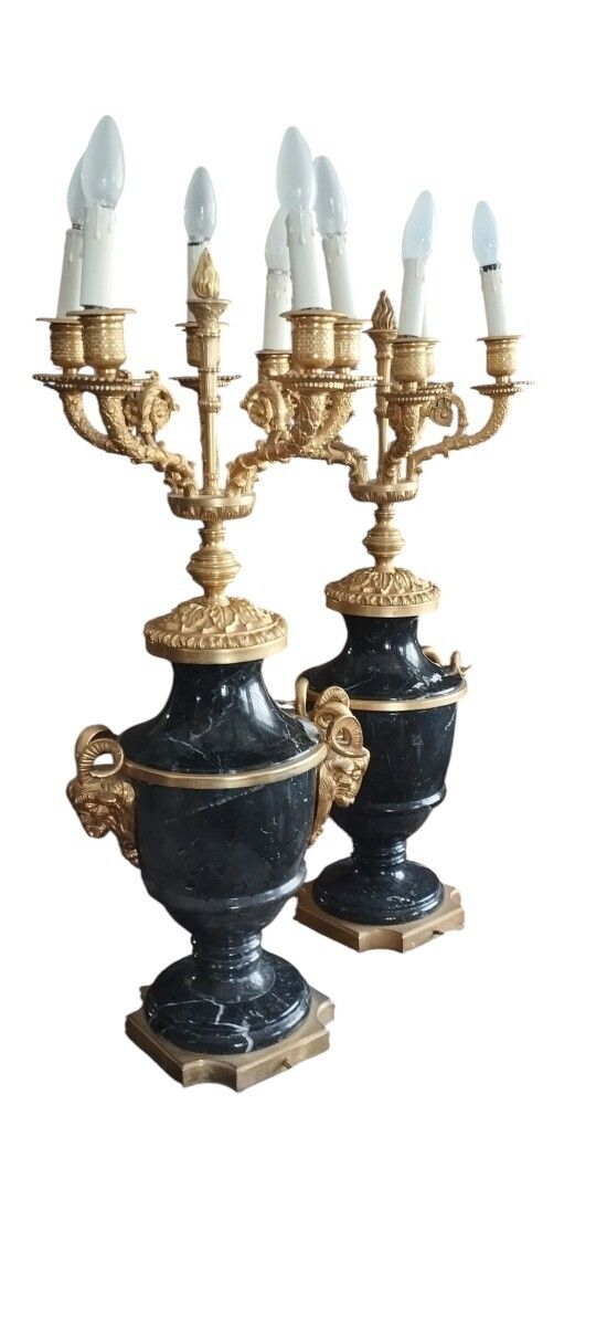 Pair Of Large Napoleon III Style Candelabras In Black Belgian Marble And Gilded Bronze photo furniture