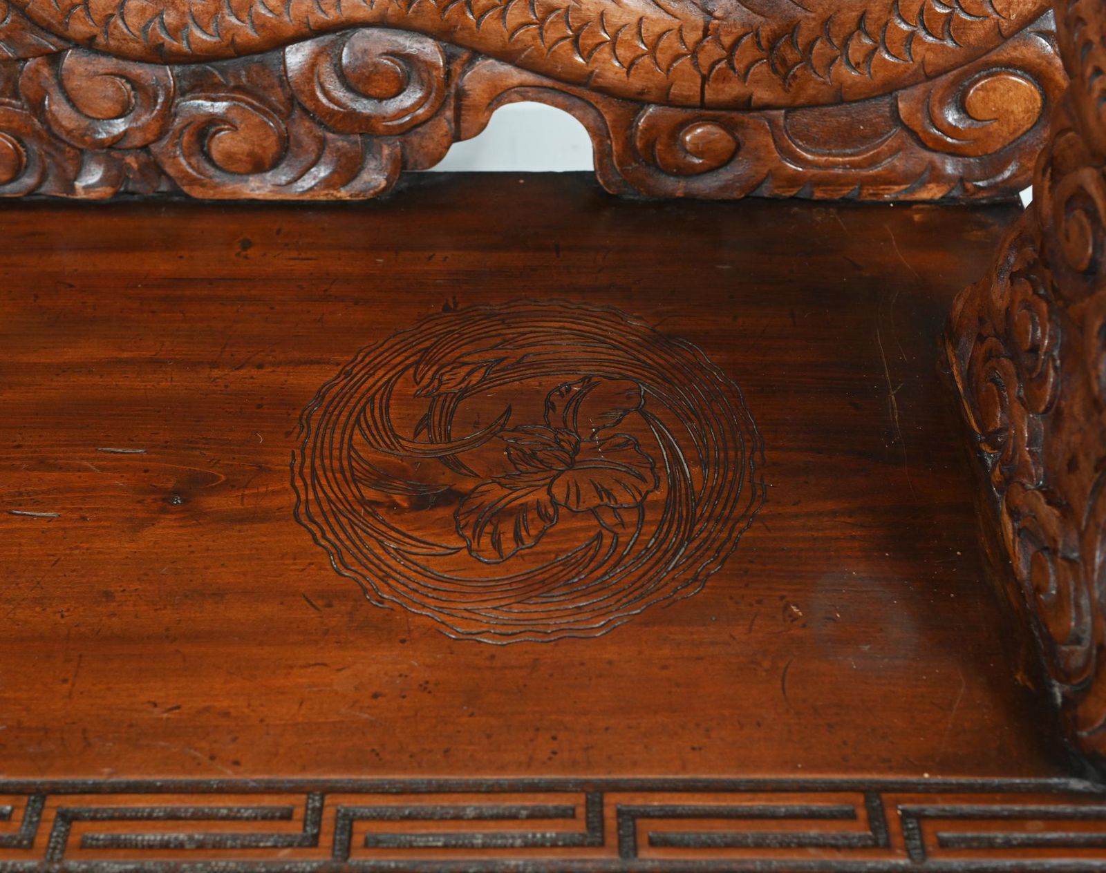 Chinese Dragon Bench Carved Seat Cinnabar Lacquer 1860 photo buy