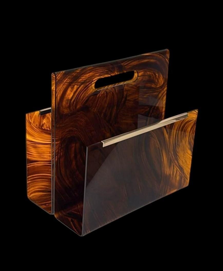 Willy Rizzo Style Italian Tortoiseshell Plexiglass And Brass Magazine Rack photo vinterior