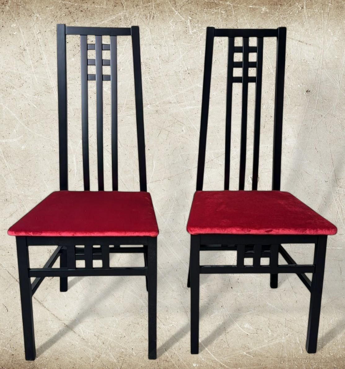 Mackintosh Style Pair Italian Black Lacquered Wood Chairs Red Velvet Upholstery photo Furniture
