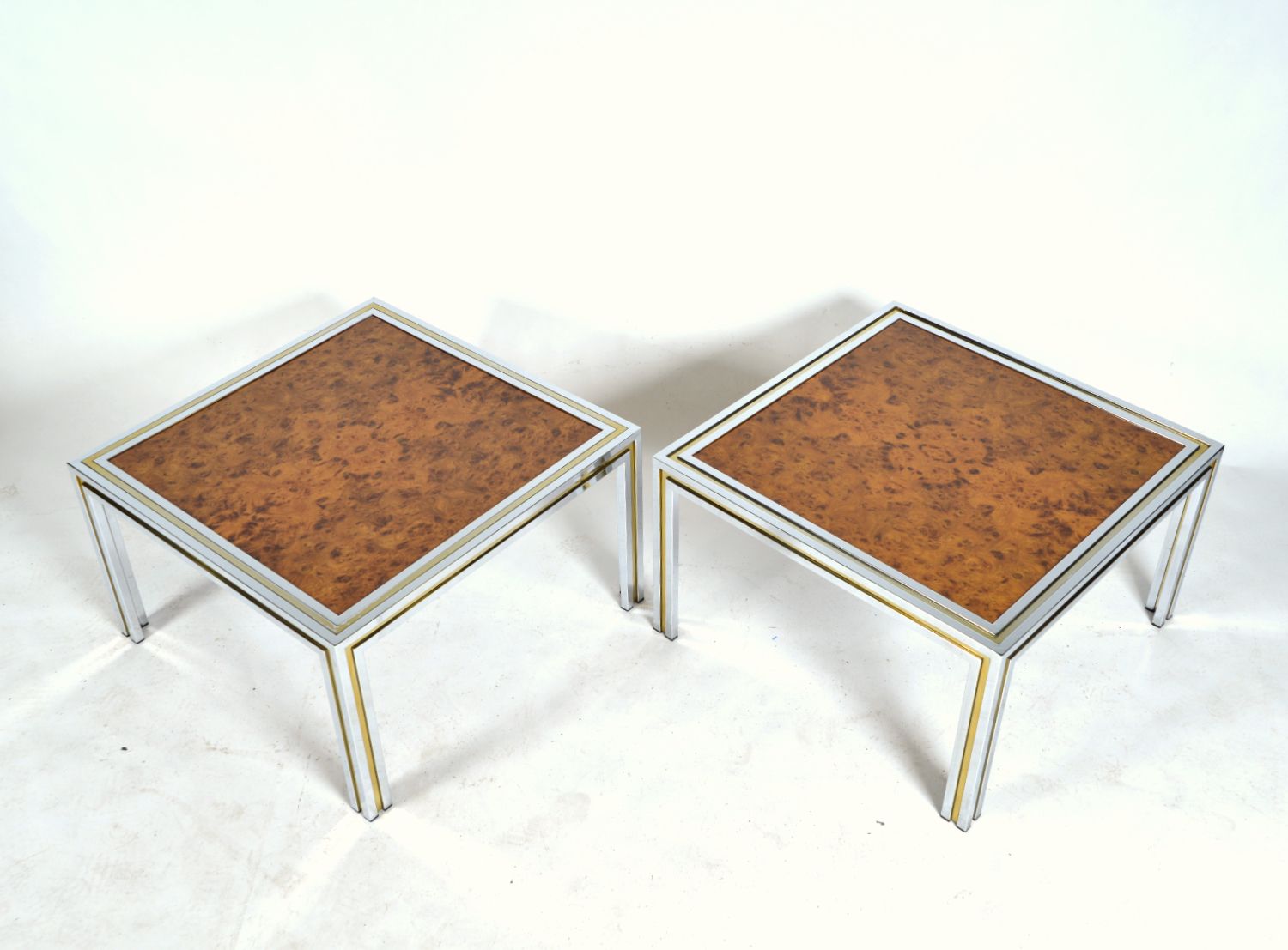 Large Pair 1970s Italian Chrome Brass Burr Elm Wood Side Lamp Occasional Tables Hollywood Regency
