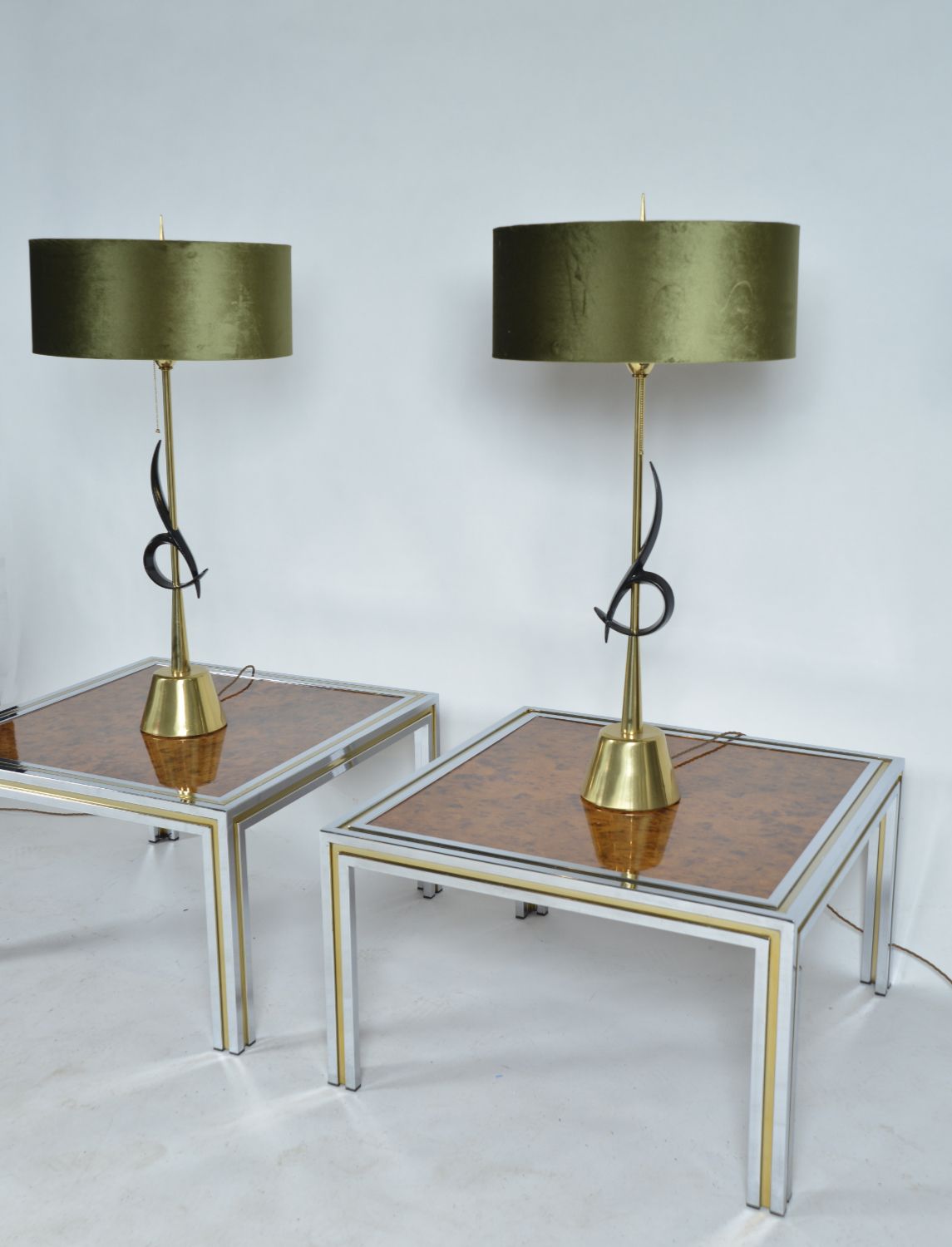 Large Pair 1970s Italian Chrome Brass Burr Elm Wood Side Lamp Occasional Tables Hollywood Regency photo Furniture