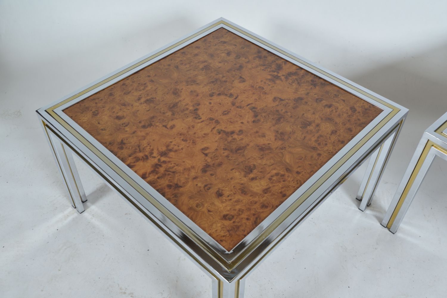 Large Pair 1970s Italian Chrome Brass Burr Elm Wood Side Lamp Occasional Tables Hollywood Regency photo buy