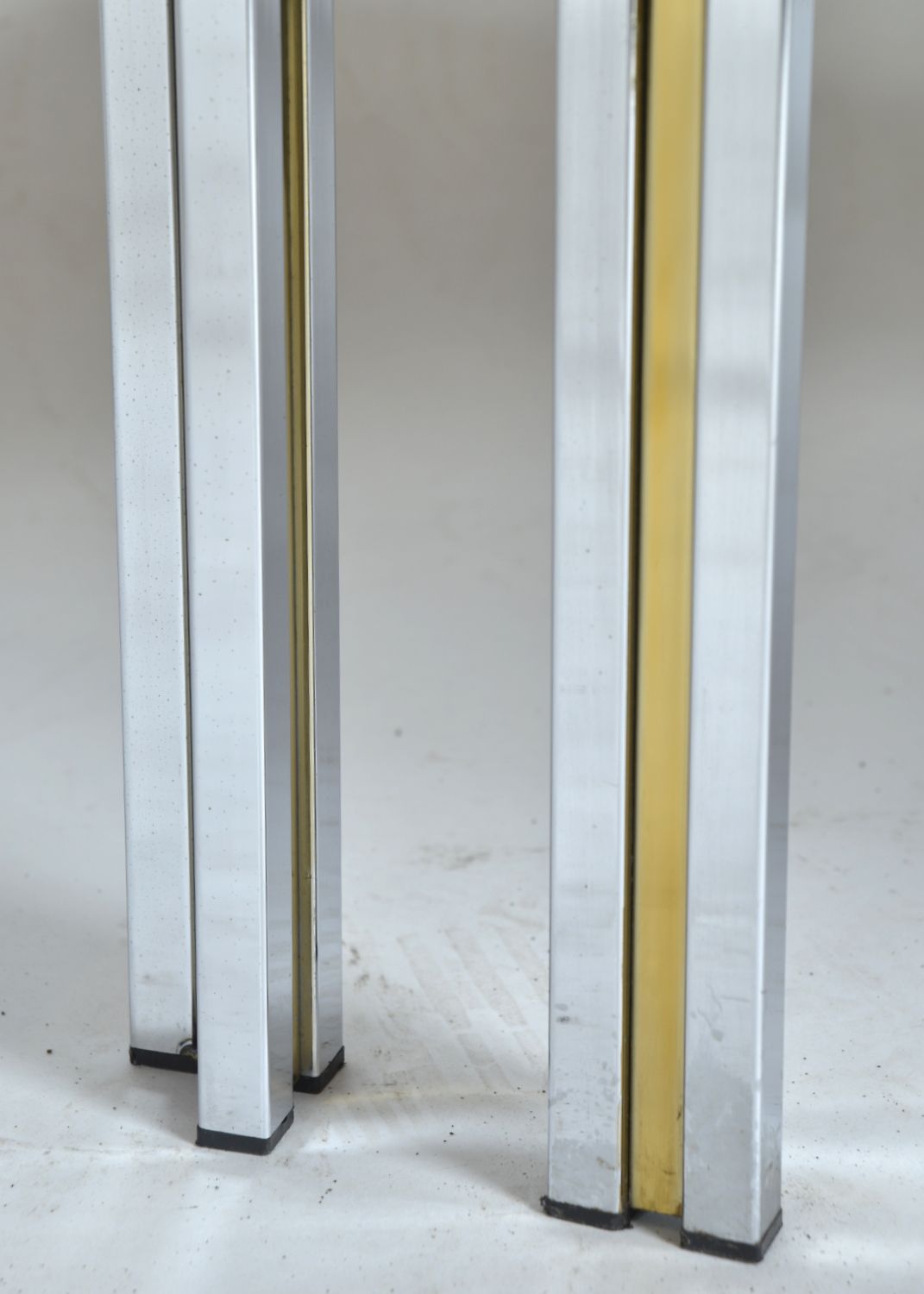 Large Pair 1970s Italian Chrome Brass Burr Elm Wood Side Lamp Occasional Tables Hollywood Regency photo vintage