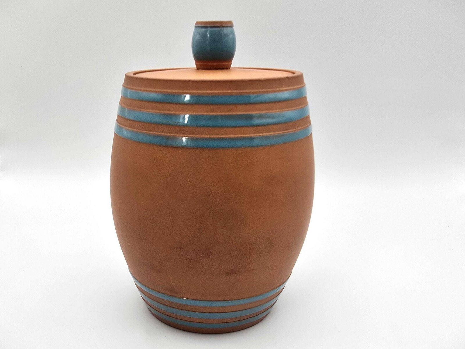 Antique Torquay Terracotta Company (Ttc) Tobacco Jar   Barrel Shaped With Blue Celeste Enamel   Torquayware Made In Devon photo Home Decor