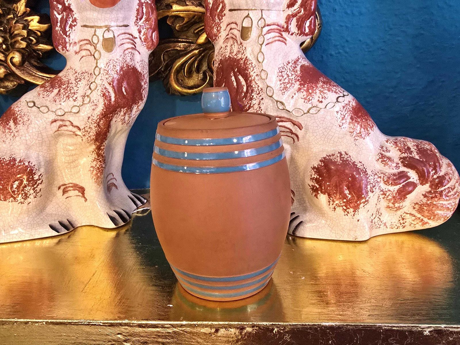 photo for sale Antique Torquay Terracotta Company (Ttc) Tobacco Jar   Barrel Shaped With Blue Celeste Enamel   Torquayware Made In Devon