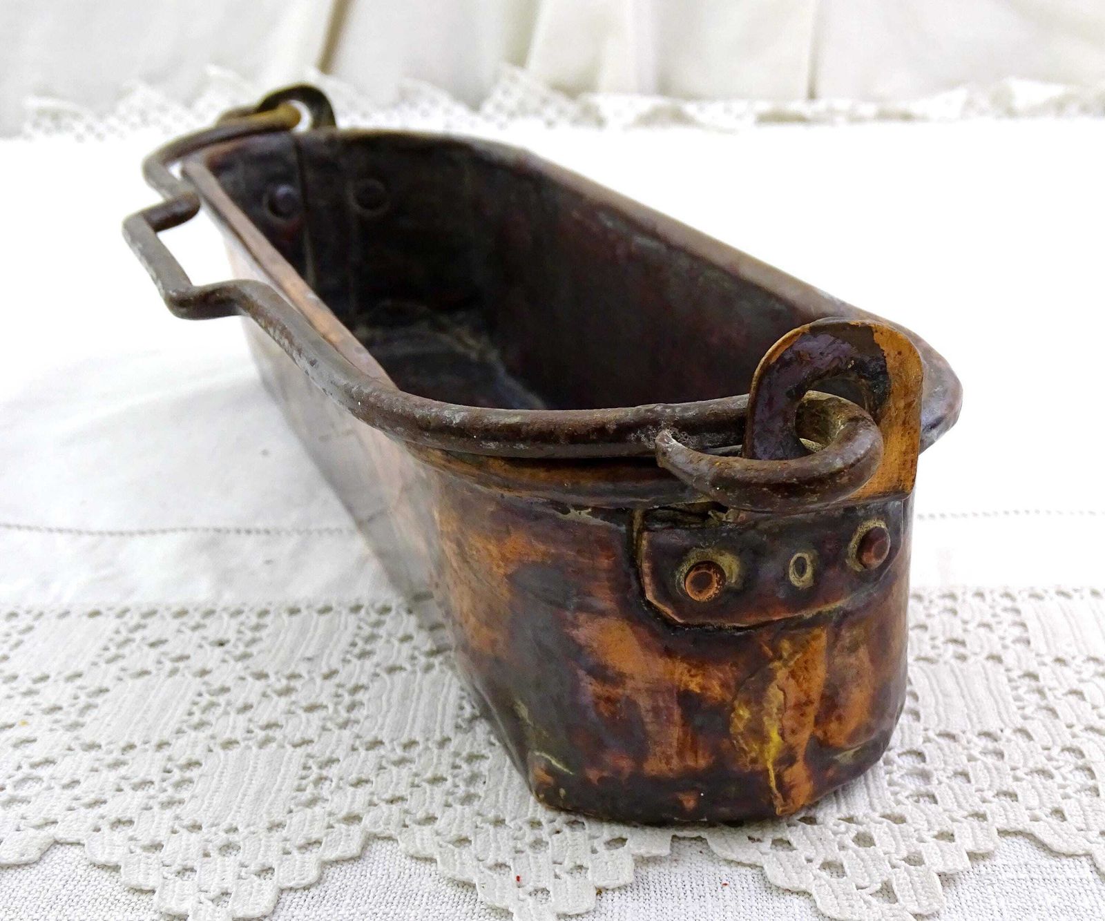 Small French Antique Copper Fish Kettle Apprentice Piece, Vintage Toy Copperware Cooking Vessel / Pan From France, Chateau Dolls House Item photo 122.0