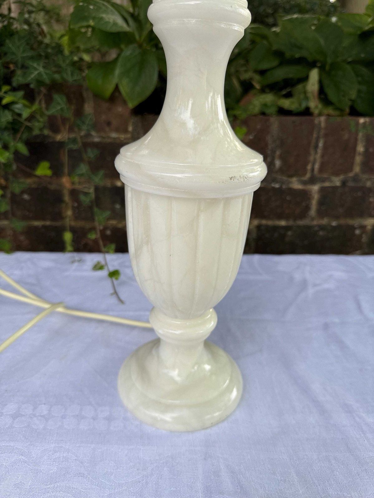 photo for sale Vintage Alabaster Table Lamp With Carved Stone Base And Cream Empire Shade, Heavy Sculptural Lighting With Soft Veining – Working Pat Tested