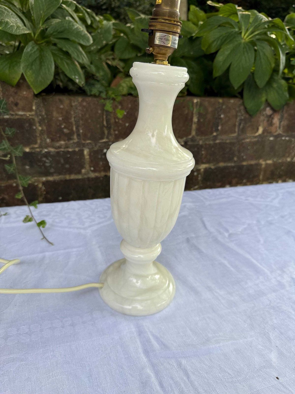 72.0 Vintage Alabaster Table Lamp With Carved Stone Base And Cream Empire Shade, Heavy Sculptural Lighting With Soft Veining – Working Pat Tested photo