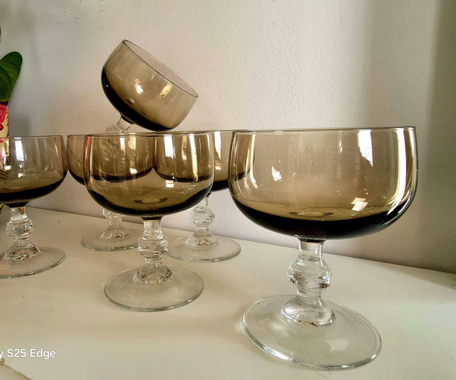 Versatile Set Of Six Mid Century, Smoked Glasses For Champagne, Wine Or Dessert photo for sale