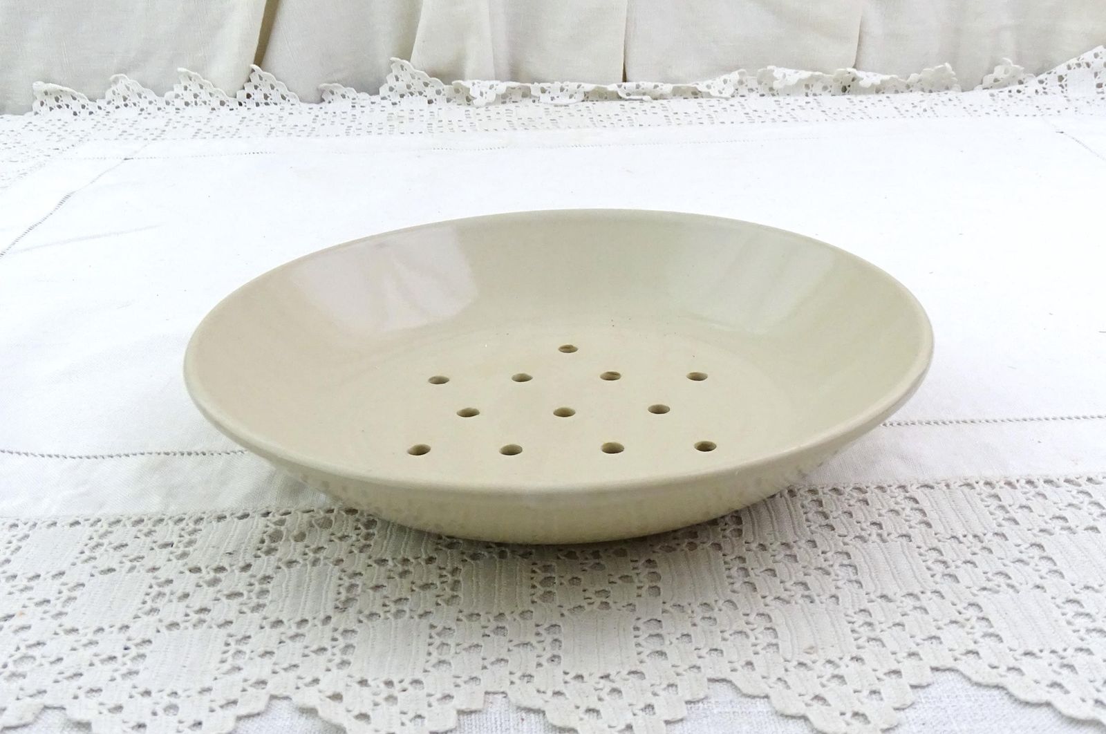 Vintage French Off White Pottery Cheese Strainer Plate, Vintage Country Farmhouse Fruit Colander, Berry Bowl, Cottage Kitchen Decor France photo for sale