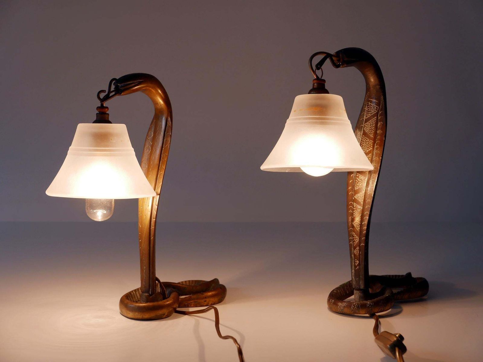 Set Of Two Decorative Art Nouveau Bronze Cobra Table Lamps 1910s photo furniture