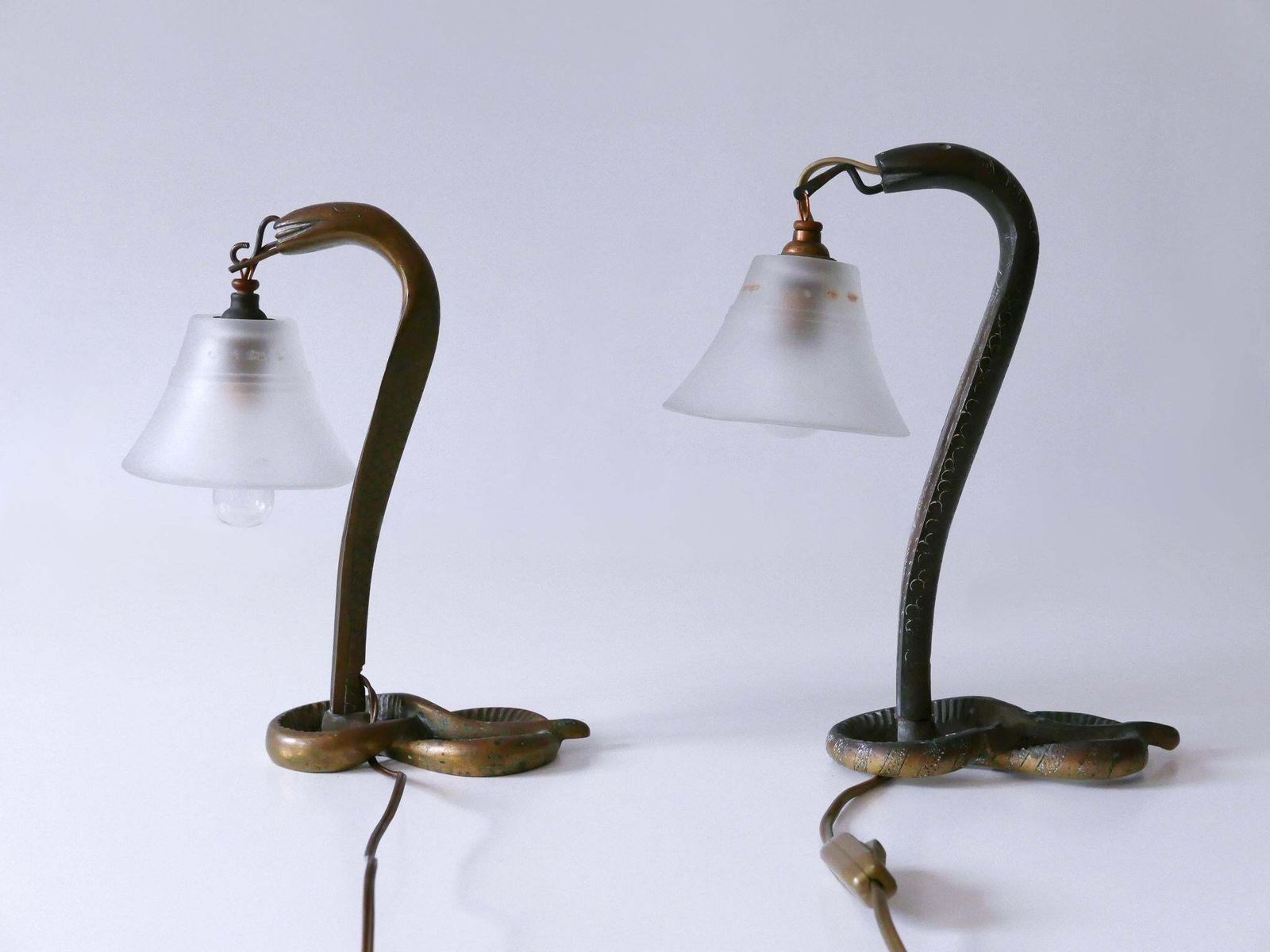 Set Of Two Decorative Art Nouveau Bronze Cobra Table Lamps 1910s photo for sale
