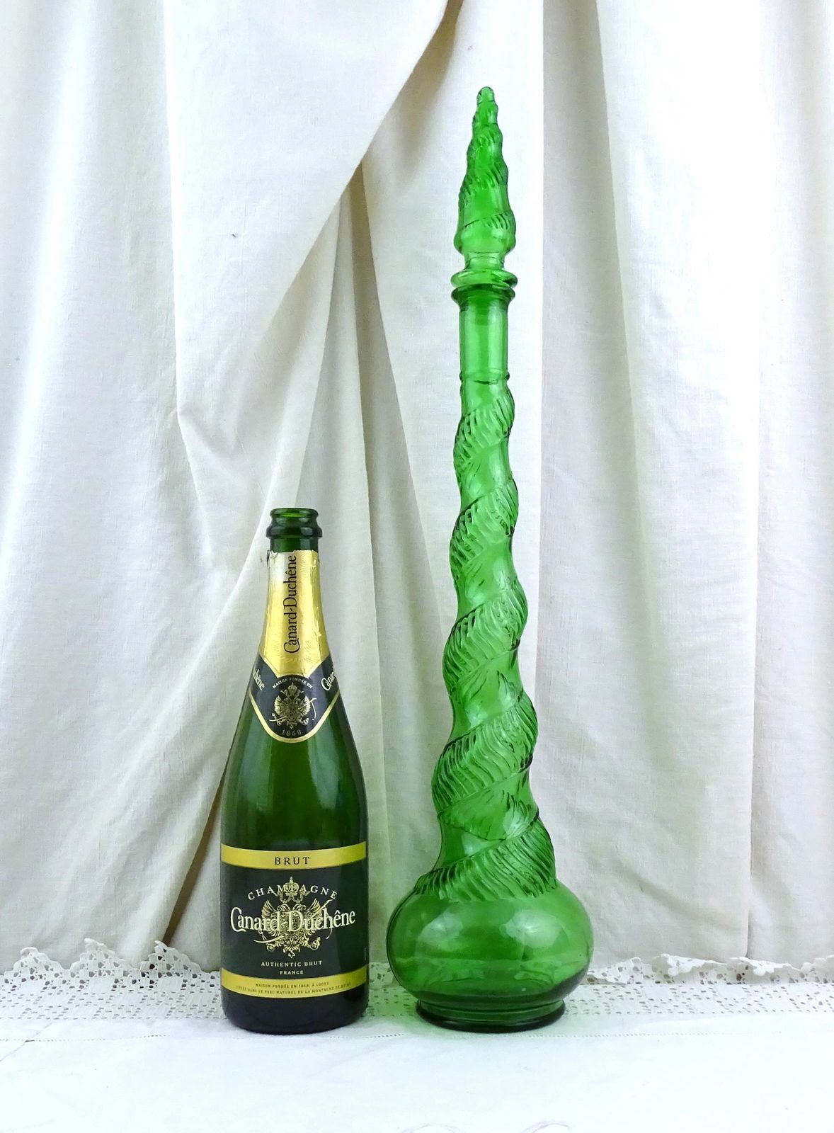 Large Tall Mid Century Vintage Italian Empoli Genie Bottle With Snakeskin Pattern, 1960s Green Glass Floor Decanter Carafe Pointed Stopper photo furniture