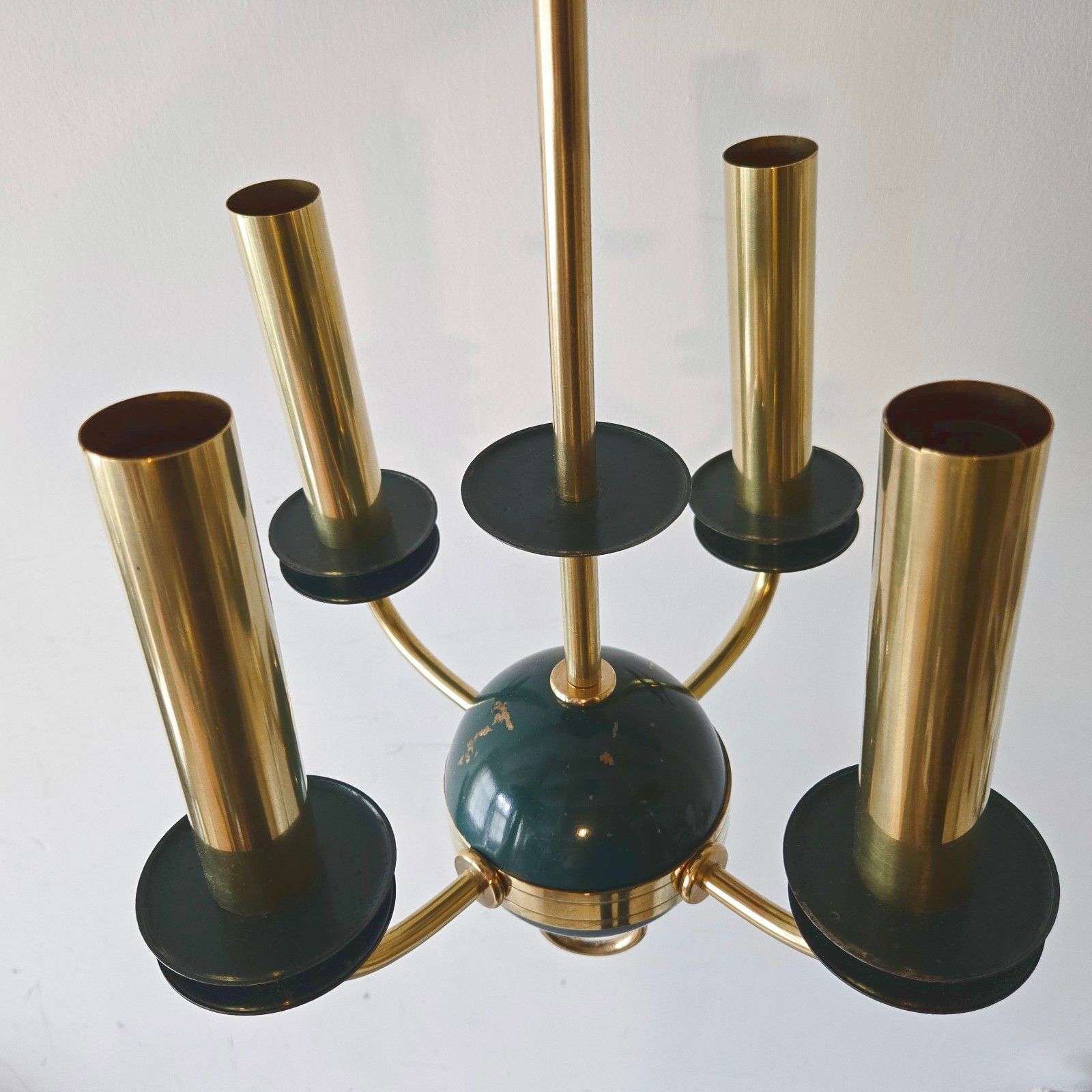 Vintage 1950s Gold Brass & Metal Green Lacquer Pendant Chandelier 50s Rockabilly photo for sale