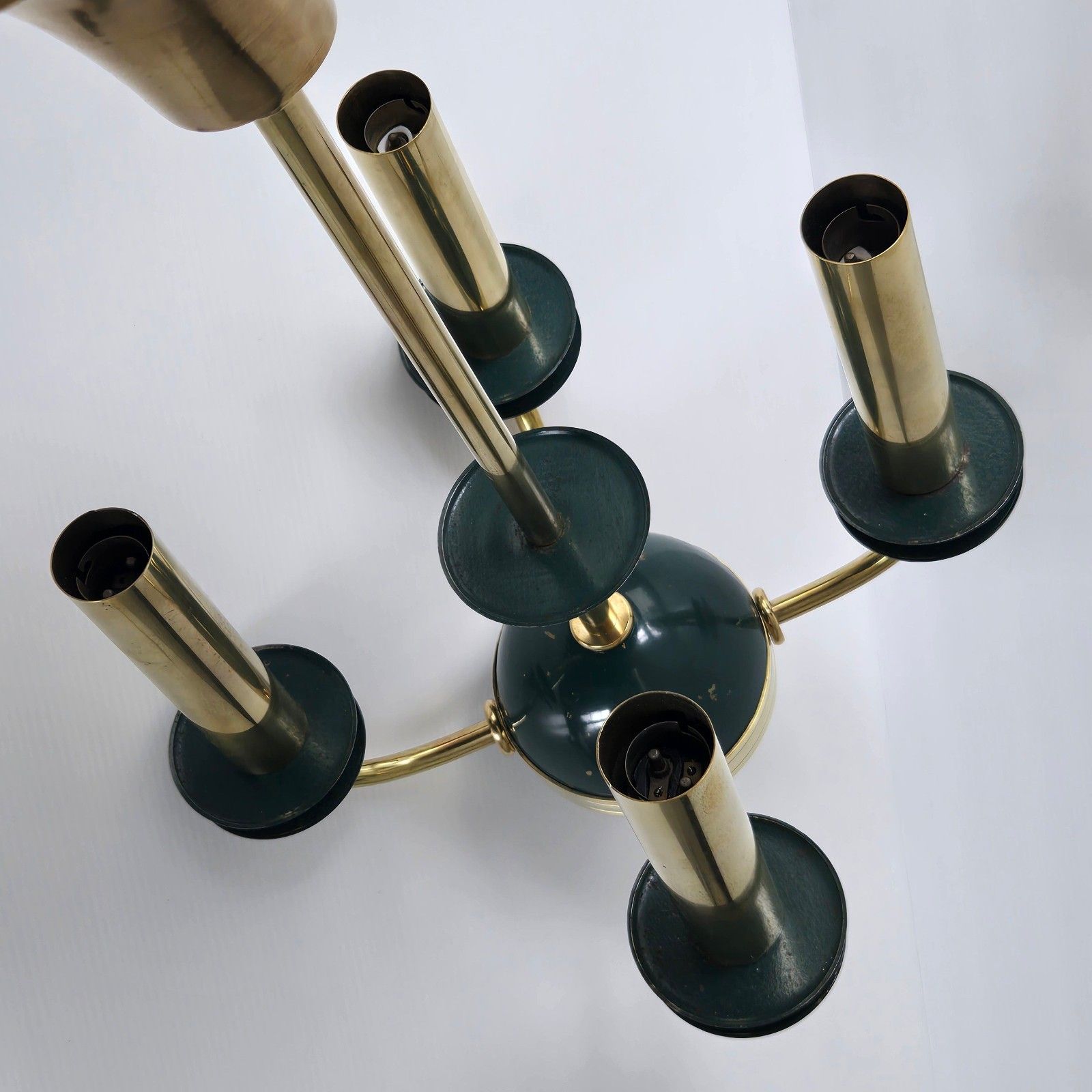 Vintage 1950s Gold Brass & Metal Green Lacquer Pendant Chandelier 50s Rockabilly photo vintage