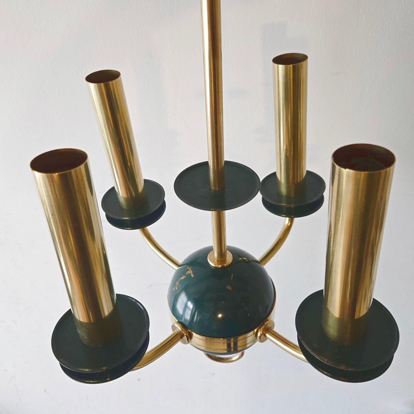572.0 Vintage 1950s Gold Brass & Metal Green Lacquer Pendant Chandelier 50s Rockabilly photo