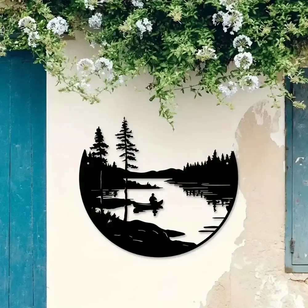 Round Metal Wall Art With Mountain And Lake Sculpture photo Art
