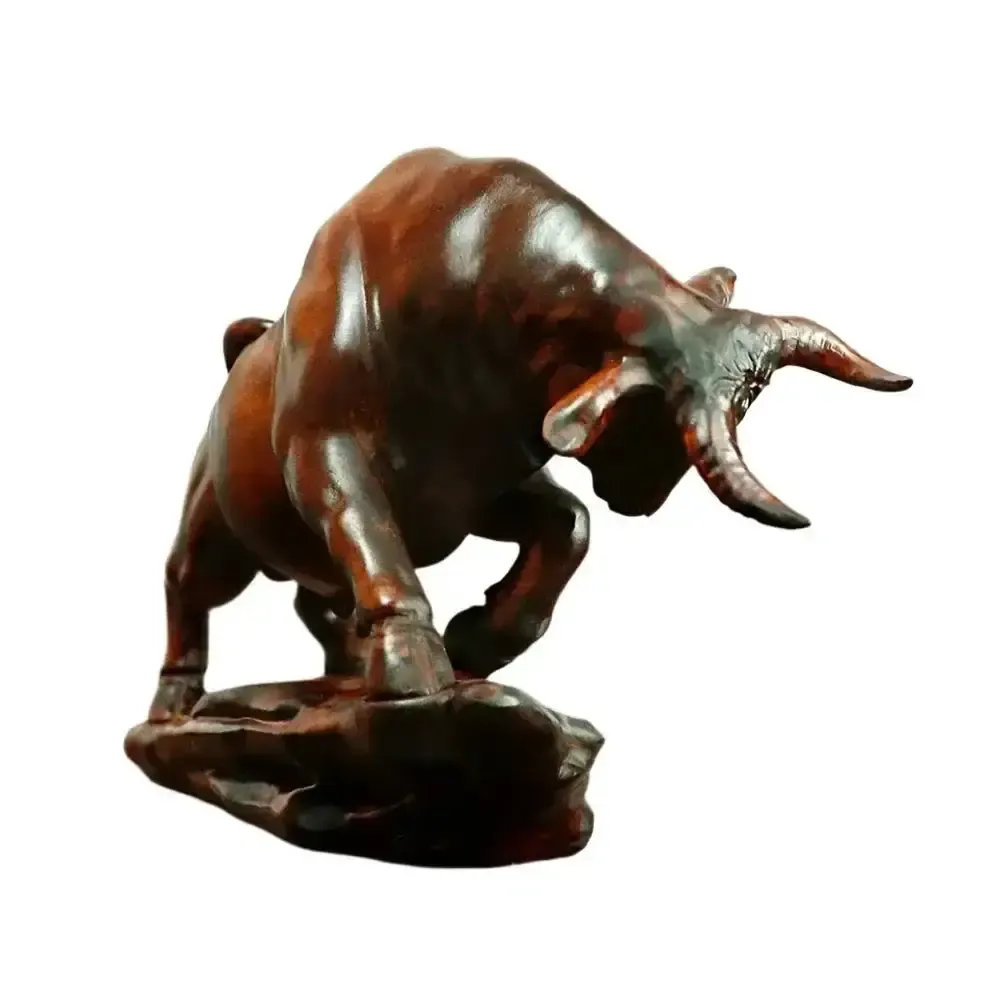 Charging Bull Figurine Boxwood Decorative Hand Carved Art photo for sale
