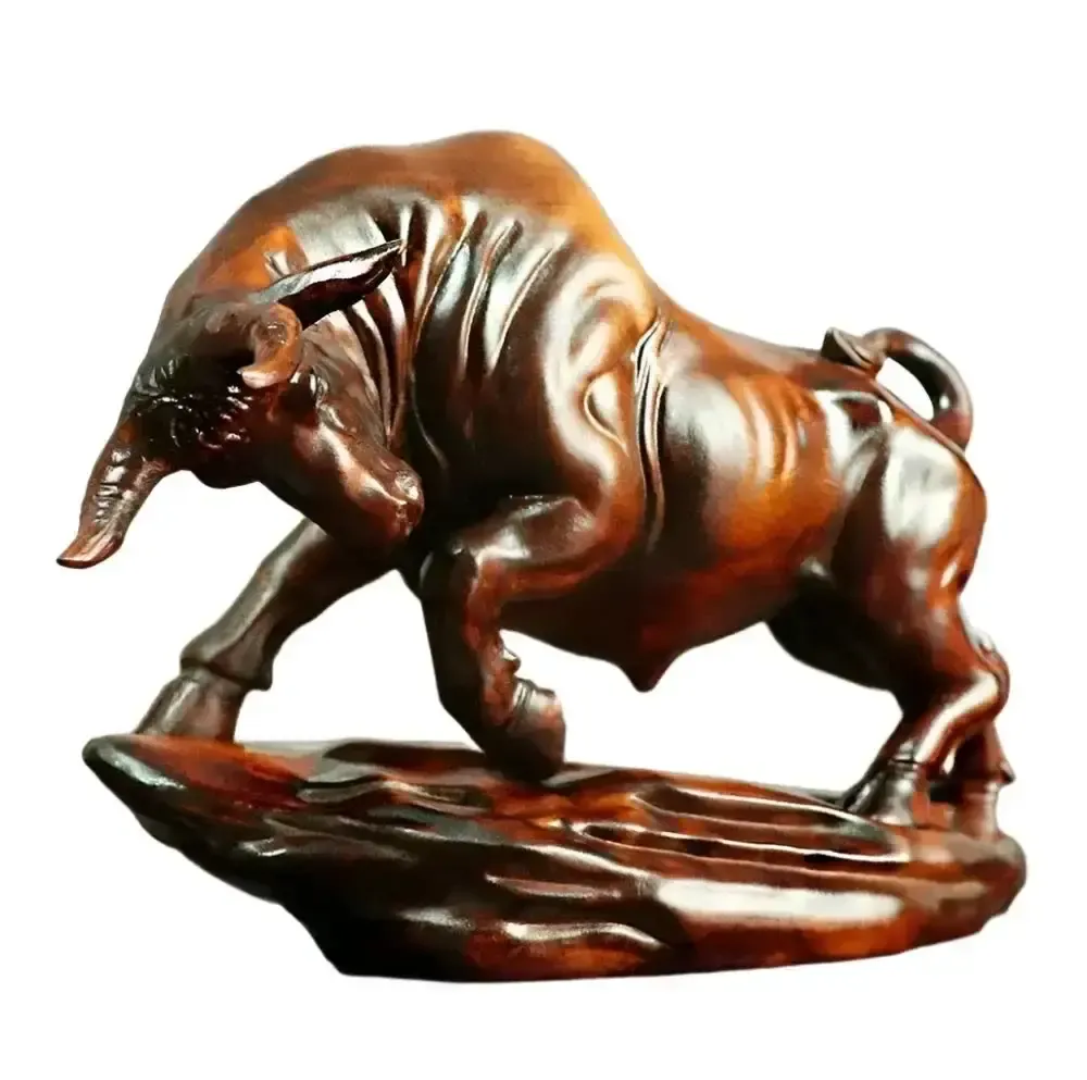 Charging Bull Figurine Boxwood Decorative Hand Carved Art photo Art