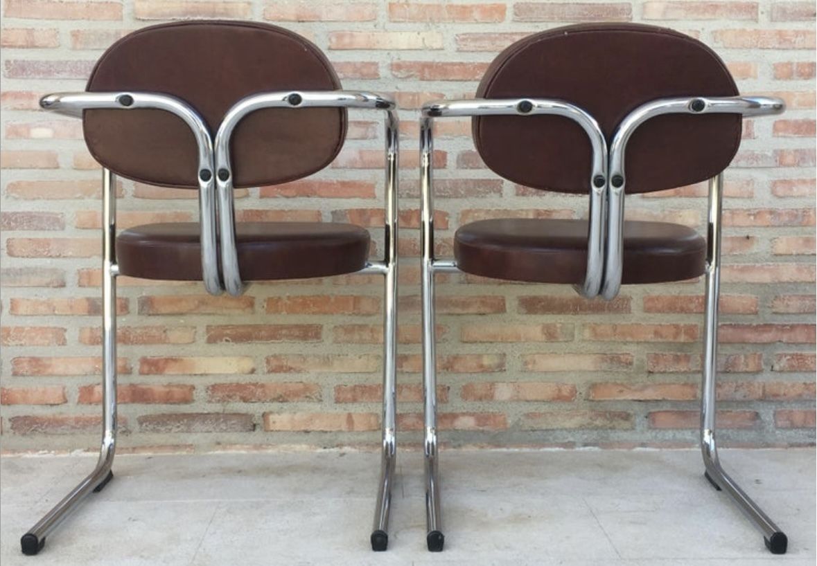 Italian Armchairs In Brown Leather And Chrome, 1980s, Set Of 5 photo furniture