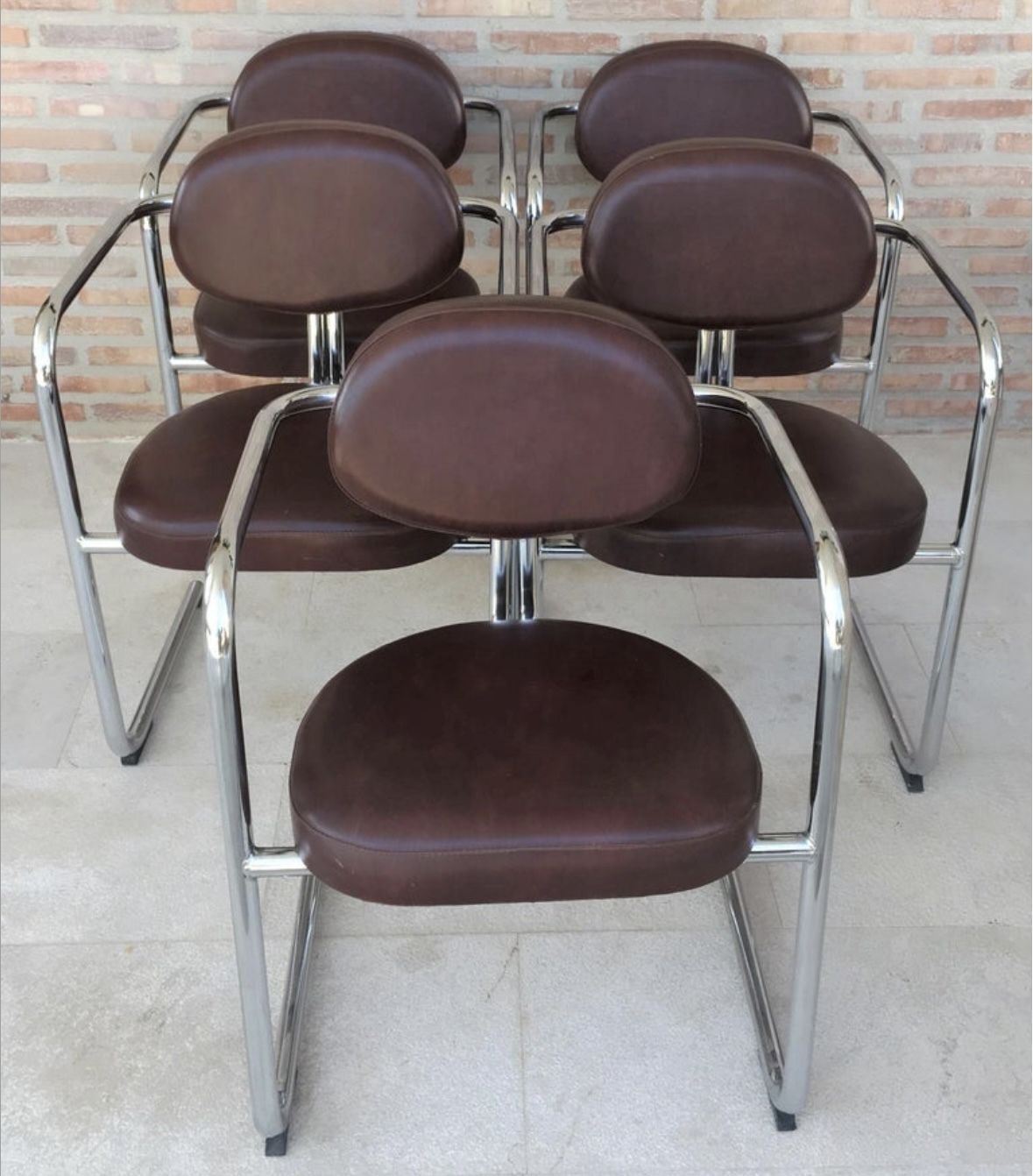 Italian Armchairs In Brown Leather And Chrome, 1980s, Set Of 5 photo vinterior