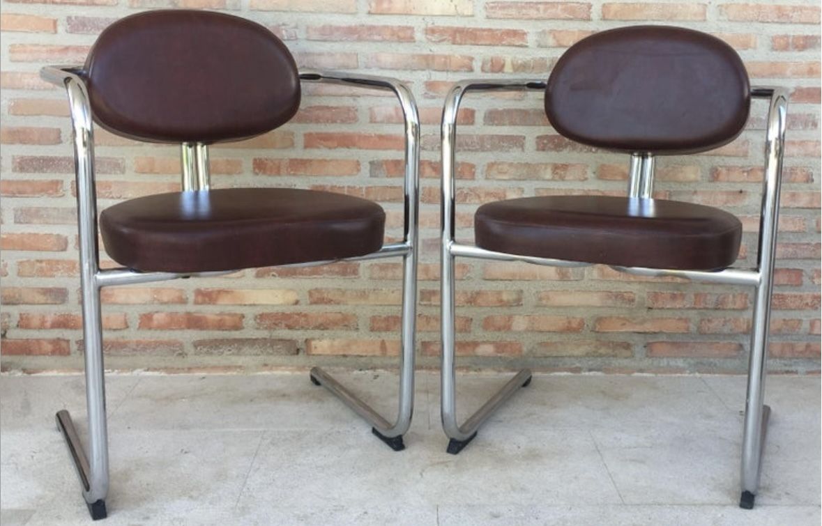 photo furniture Italian Armchairs In Brown Leather And Chrome, 1980s, Set Of 5