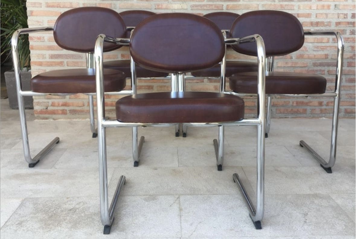 Furniture Italian Armchairs In Brown Leather And Chrome, 1980s, Set Of 5 photo