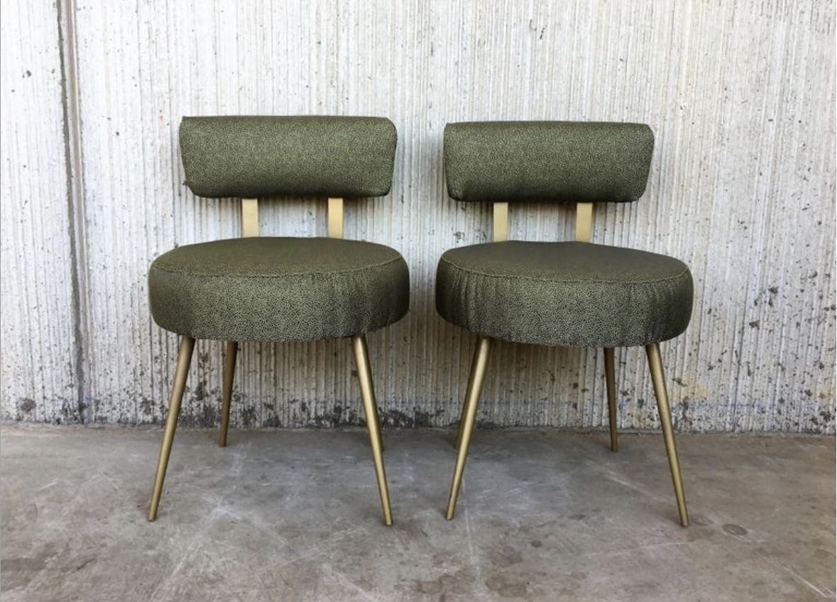 Mid Century Round Stools With Backrest In Green And Gold, 1950s, Set Of 2 photo furniture