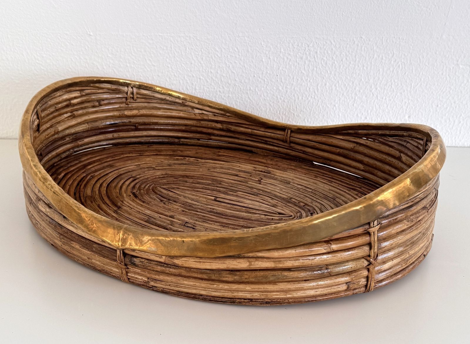 Italian Mid Century Bamboo And Brass Bohemian Organic Serving Tray, 1970s photo vintage