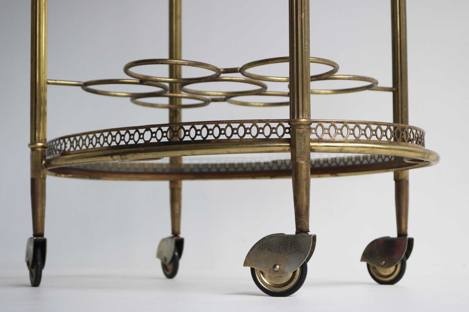 photo furniture Brass Bar Cart Oval Hollywood Regency Glass Trolley W/ Removable Tray & Bottle Rack French 1940s Tea Cart Side Table