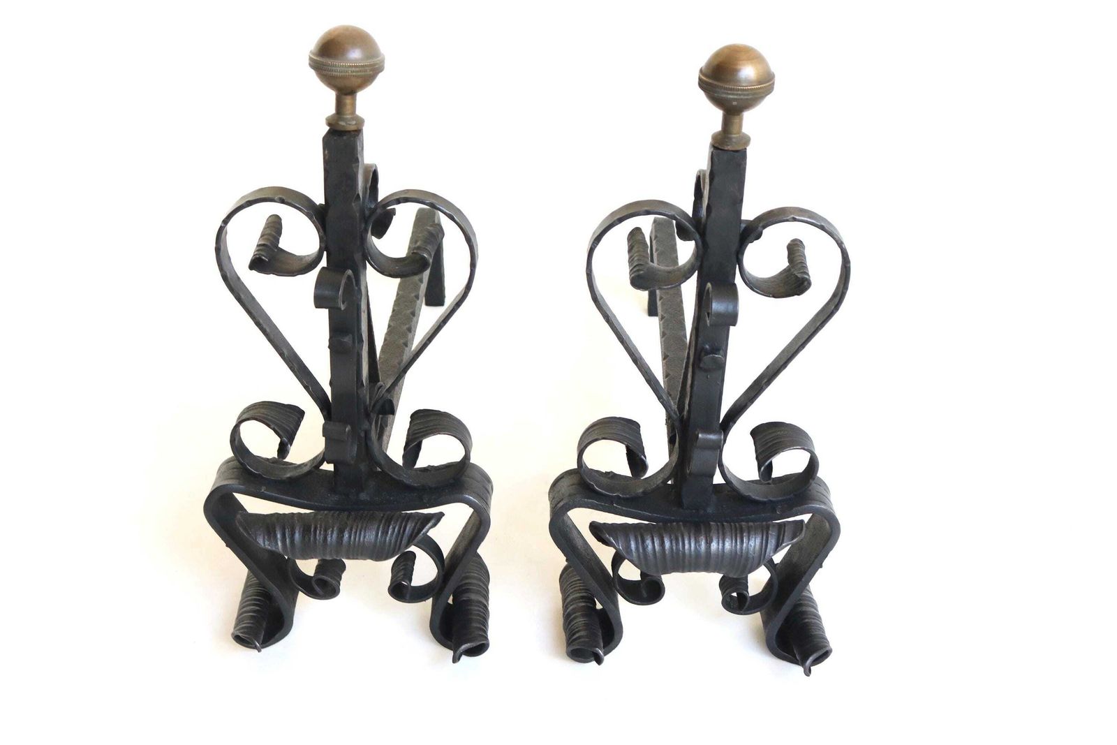 Hand Forged Wrought Iron Andirons – Vintage Fireplace Decor Mid 20th Century