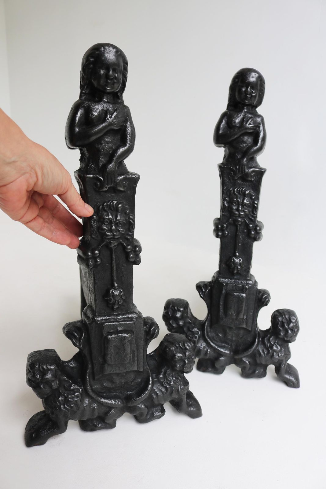 Tall Antique Cast Iron Andirons With Lions And Female Figures Heavy 19th Century Fire Dogs photo vintage
