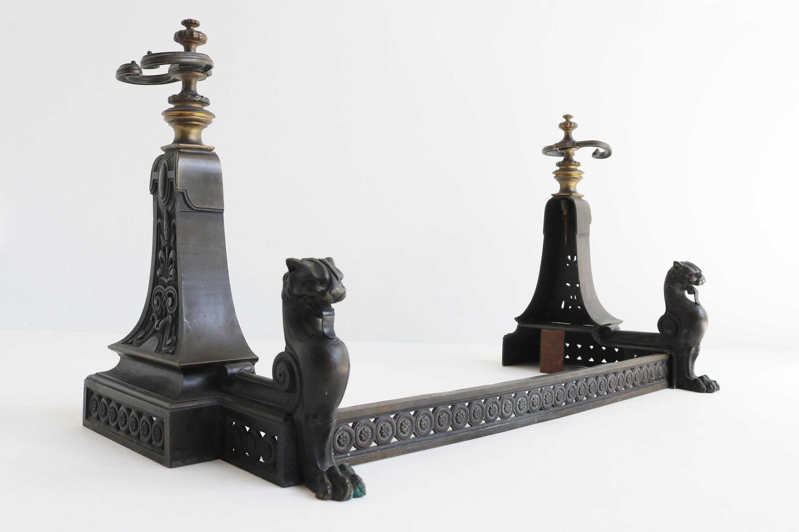 Antique 3 Piece Fireplace Fender Set Andirons With Lion/ Griffin Figures, Tool Holders Late 19th To Early 20th Century Hearth Decor photo furniture