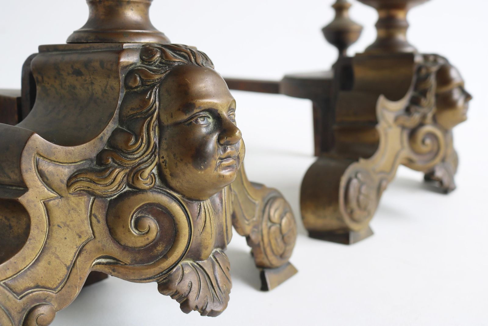Antique Brass Andirons With Head Face Cherub Masks – 19th Century Fireplace Decor Firedogs photo 1388.0