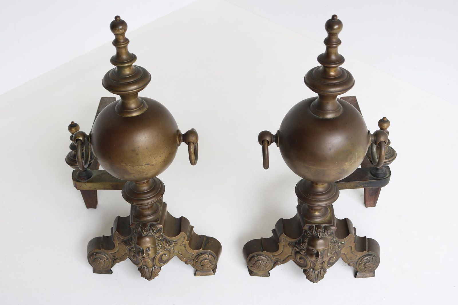 Antique Brass Andirons With Head Face Cherub Masks – 19th Century Fireplace Decor Firedogs photo buy
