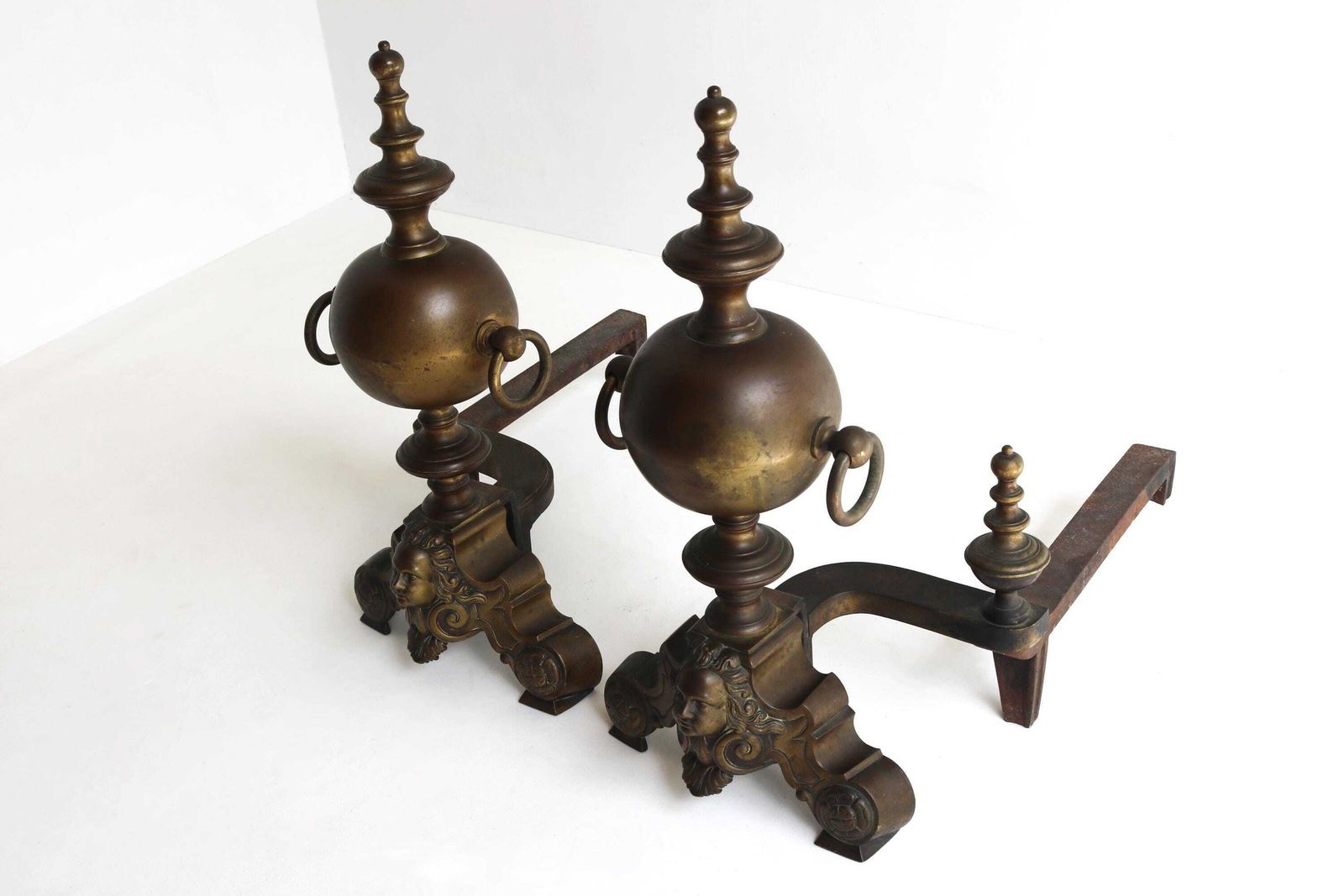 Antique Brass Andirons With Head Face Cherub Masks – 19th Century Fireplace Decor Firedogs photo vintage