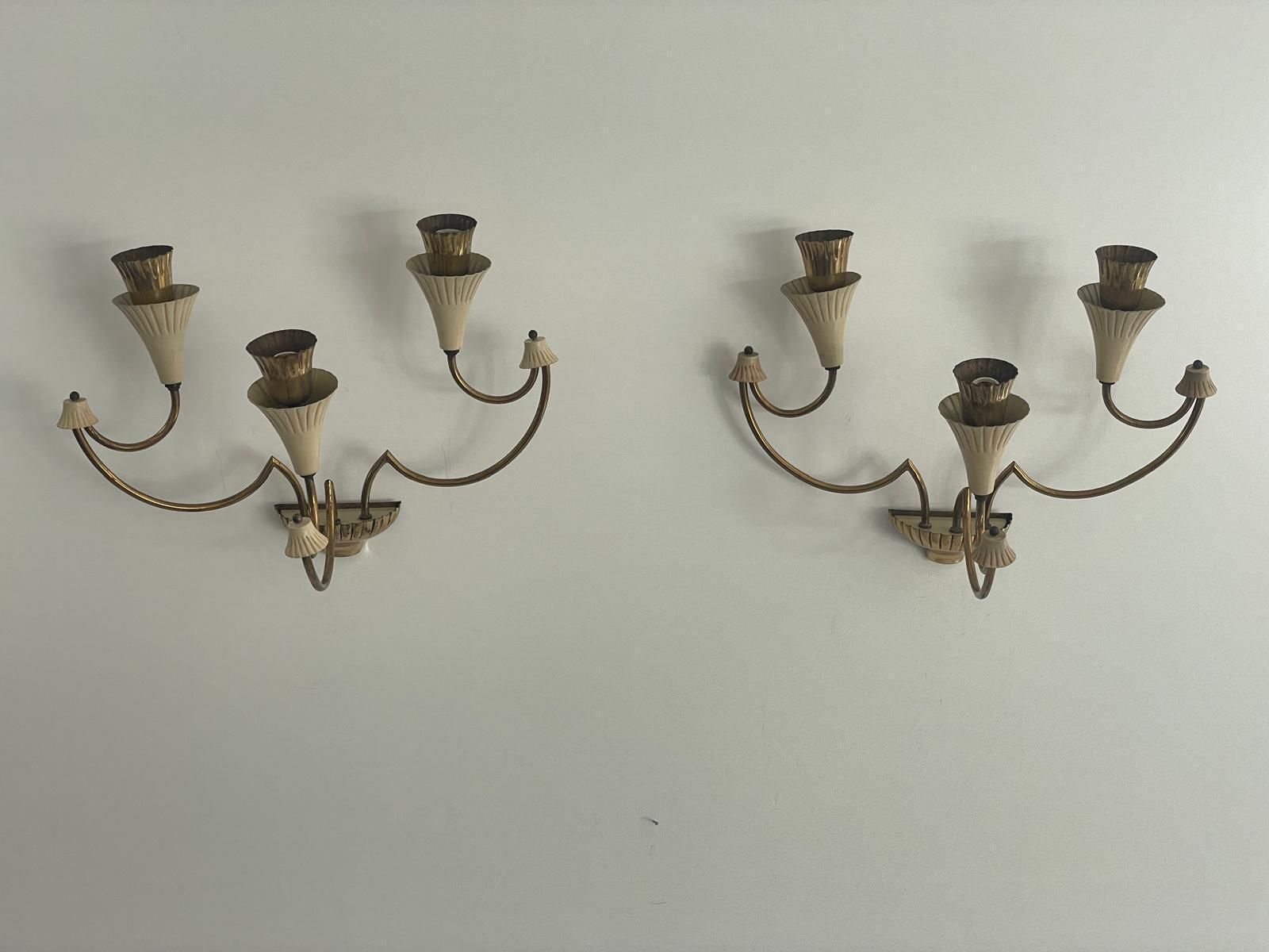 Mid Century Italian Design 3 Armed Pair Of Sputnik Sconces, 1950s, Italy photo for sale