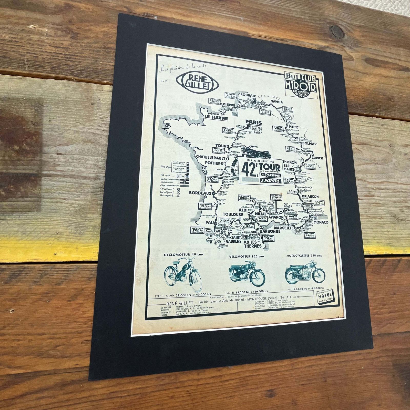 Vintage Tour De France Route Map, Original 1955 Rene Gillet Motorcycles photo furniture