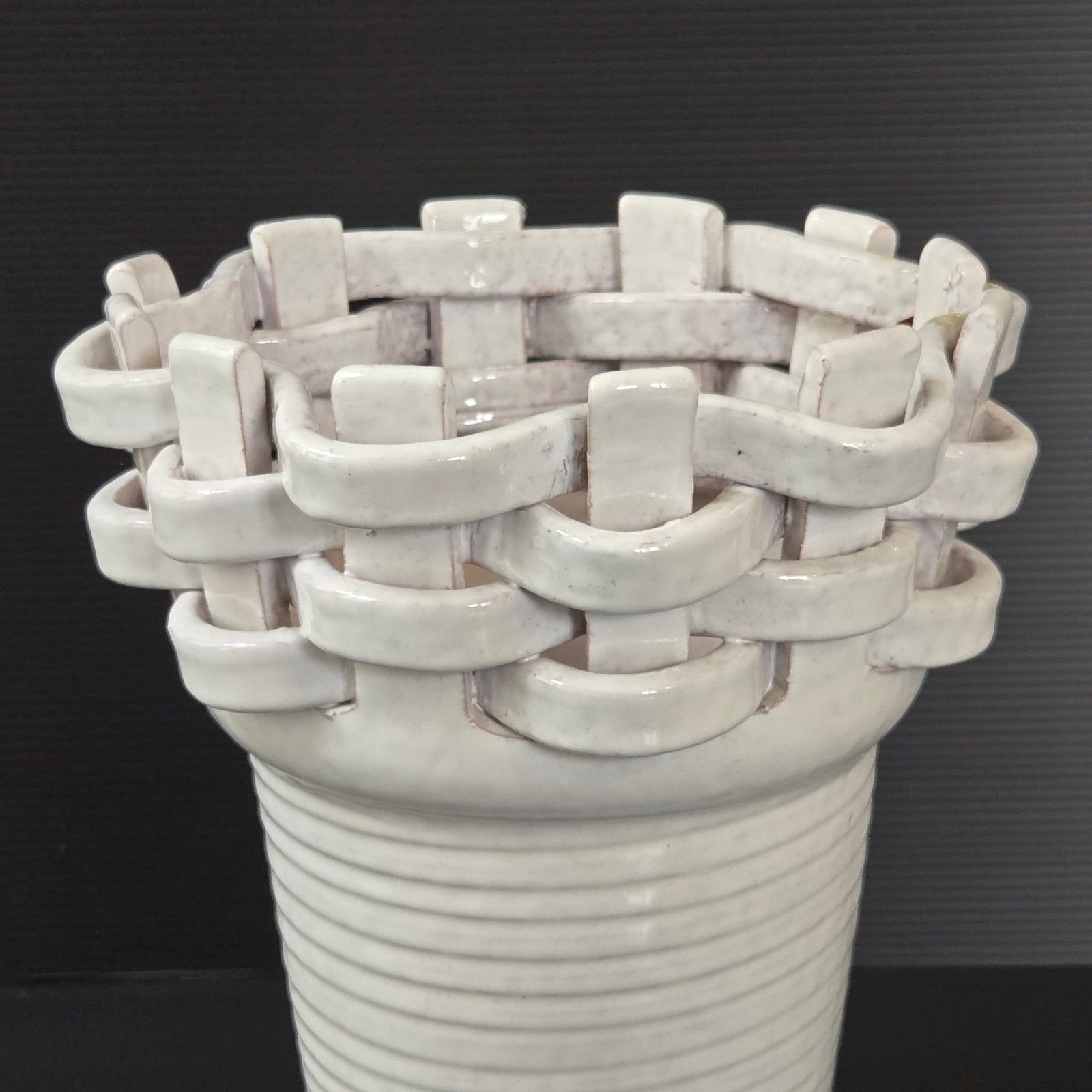 Vintage 1960s Ceramic Terracotta Enamel Braid Vase 60s Italy White 1960s photo furniture