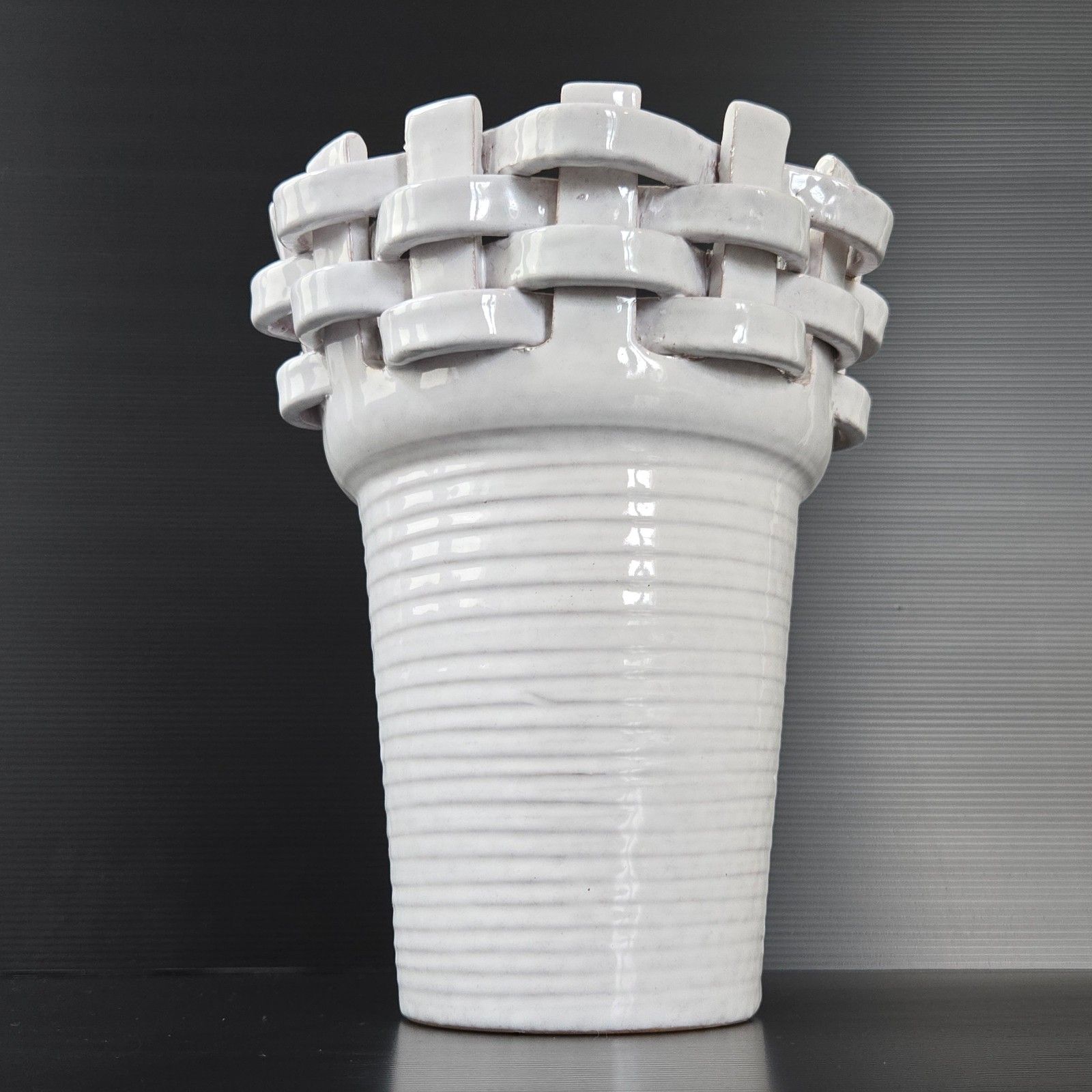 194.0 Vintage 1960s Ceramic Terracotta Enamel Braid Vase 60s Italy White 1960s photo