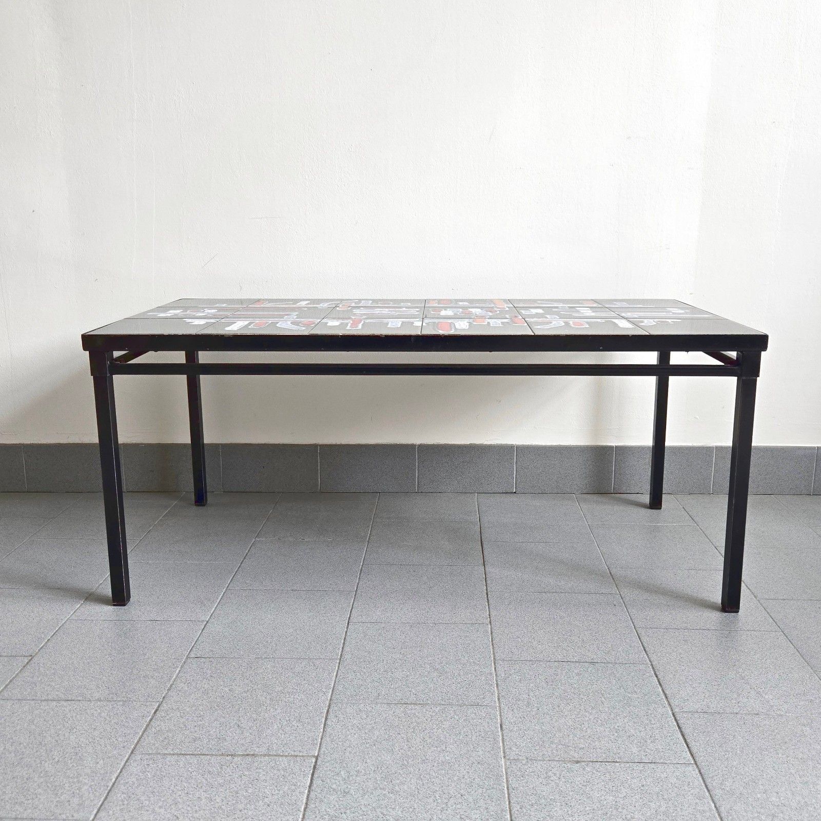 photo for sale Vintage 1960s Ceramic & Metal Black Lacquer Coffee Table 60s Retro 60s